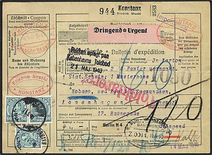 Tysk adressekort for eksprespakke med ovalt stempel Konstanz Gebühr bezahlt d. 8.5.1940 til København, Danmark. Påsat 60 øre (3) Chr. X stemplet Kjøbenhavn Told-Post d. 21.5.1940.