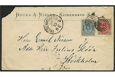 4 øre og 8 øre Tofarvet på 12 øre frankeret brev annulleret med nr.-stempel 210 og sidestemplet Frederiksberg P d. 25.10.1882 til Stockholm, Sverige.