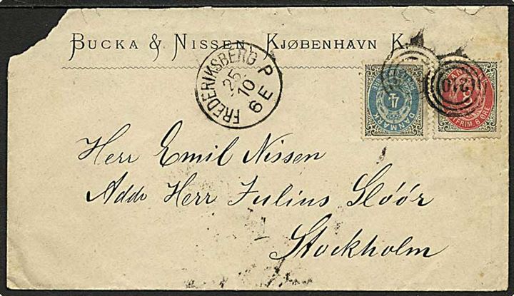 4 øre og 8 øre Tofarvet på 12 øre frankeret brev annulleret med nr.-stempel 210 og sidestemplet Frederiksberg P d. 25.10.1882 til Stockholm, Sverige.