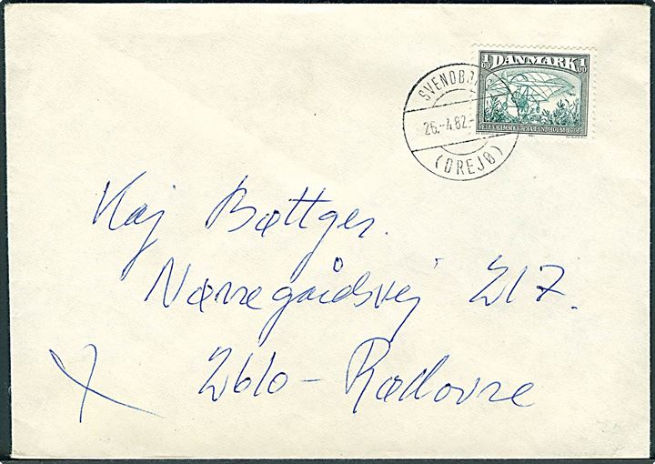 1 kr. Flyvning på brev annulleret med parentes stempel Svendborg (Drejø) d. 26.4.1982 til Rødovre.