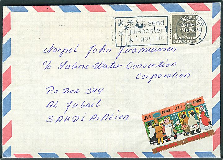 4 kr. Rigsvåben og Julemærke 1983 på luftpostbrev fra Esbjerg d. 13.12.1983 til M/S Nordpol i Al Jubail, Saudi Arabien.