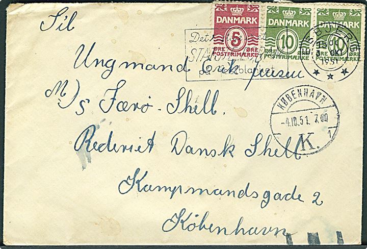 5 øre og 10 øre (2) Bølgelinie på brev fra Esbjerg d. 3.10.1951 til sømand ombord på M/S Færø Shell via rederiet Dansk Shell i København. Sorte ombæringskontrol streger.