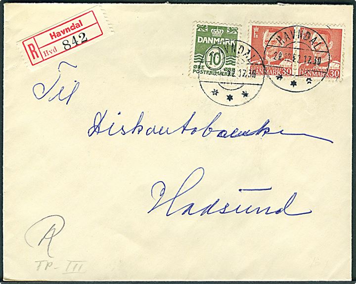 10 øre Bølgelinie og 30 øre Fr. IX i parstykke på anbefalet brev fra Havndal d. 29.12.1952 til Hadsund.