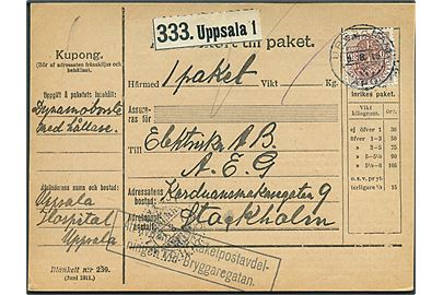 30 öre Tjenestemærke single på adressekort for tjenestepakke fra Uppsala d. 3.8.1915 til Stockholm.