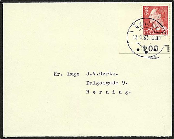 30 øre Fr. IX med marginal-nr. L 004 på brev stemplet Århus C. d. 13.4.1963 til Herning.