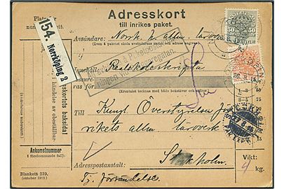 25 öre og 50 öre Tjenestemærke på adressekort for tjenestepakke fra Norrköping d. 26.8.1915 til Stockholm.