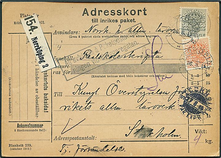 25 öre og 50 öre Tjenestemærke på adressekort for tjenestepakke fra Norrköping d. 26.8.1915 til Stockholm.