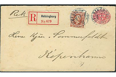 10 öre helsagskuvert opfrankeret med 15 öre Oscar sendt anbefalet fra helsingborg d. 12.1.1907 til Kjøbenhavn, Danmark.