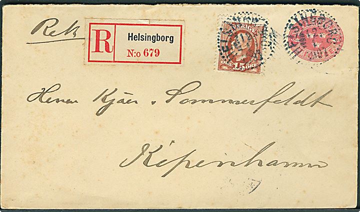 10 öre helsagskuvert opfrankeret med 15 öre Oscar sendt anbefalet fra helsingborg d. 12.1.1907 til Kjøbenhavn, Danmark.