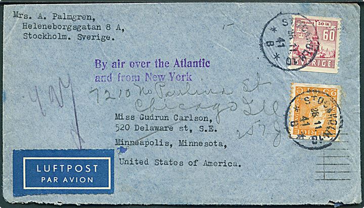 25 öre Gustaf og 60 öre Skansen på luftpostbrev fra Stockholm d. 28.11.1941 til Minneapolis, USA - eftersendt til Chicago. Violet stempel: By air over the Atlantic and from New York.