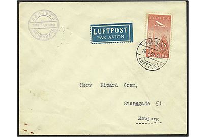 15 øre Luftpost på 1. flyvningsbrev stemplet København Luftpost sn3 d. 18.7.1937 til Esbjerg.