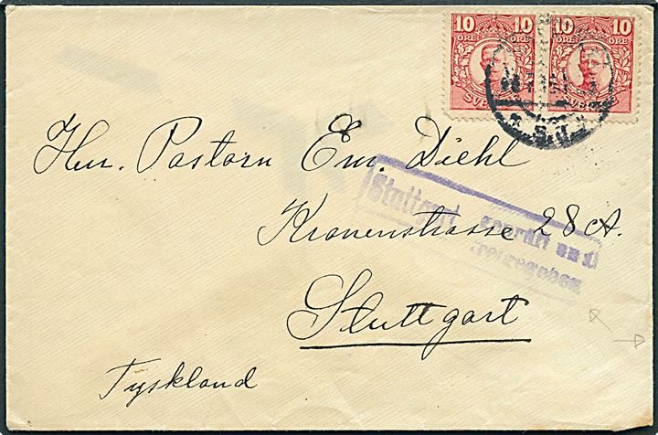 10 öre Gustaf i parstykke på brev fra Malmö ca. 1916 til Stuttgart, Tyskland. Åbnet af lokal censur i Stuttgart.