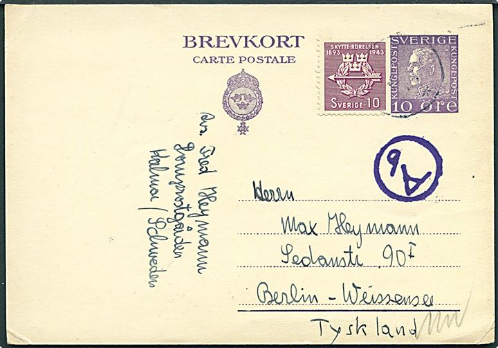 10 öre helsagsbrevkort opfrankeret med 10 öre Skytte-Rörelsen fra Kalmar d. 19.11.1943 til Berlin, Tyskland. Passér-stemplet Ab ved den tyske censur i Berlin.