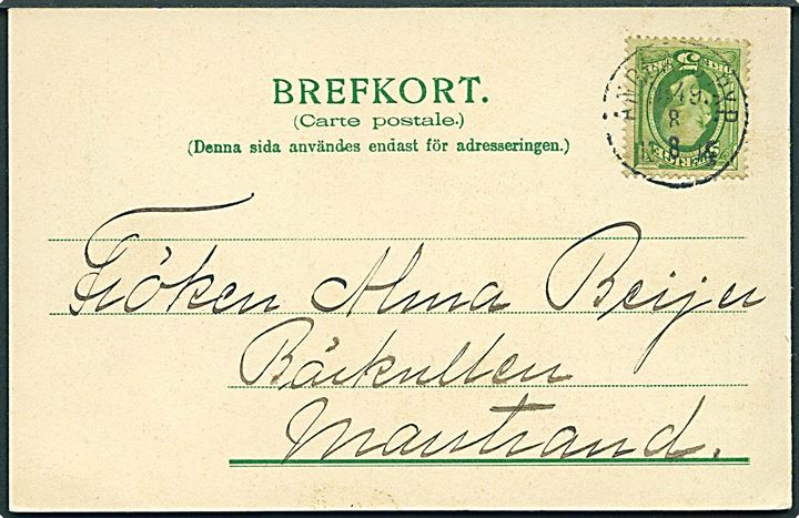 5 öre Oscar på brevkort (Hoffjellet sedt från Wadje, Torsby) annulleret med skibsstempel Ångbåts PXP. No. 49 d. 8.8.1904 til Marstrand. Stempel benyttet ombord på dampskibet Anders Fryxell på Frykensjöarna på ruten Fryksta - Torby.