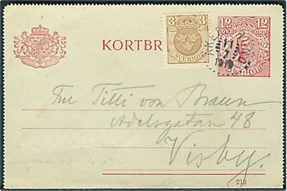 12 öre Gustaf helsagskorrespondancekort (fabr. 219) opfrankeret med 3 øre Tre Kroner stemplet Åkers Runö d. 11.7.1919 til Visby på Gotland.