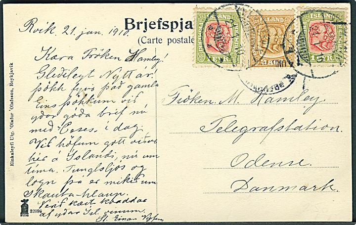 1 eyr (2) og 3 aur To Konger på brevkort fra Reykjavik d. 21.1.1910 via Kjøbenhavn til Odense, Danmark.