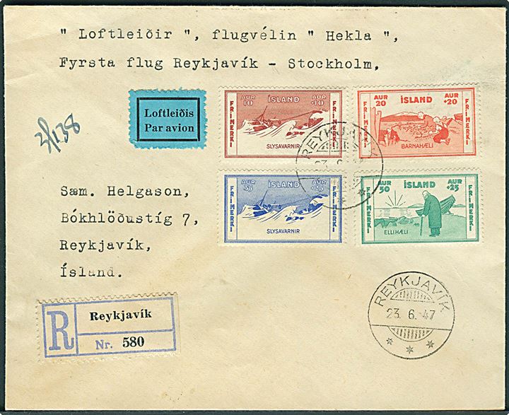 Komplet sæt velgørenhed på anbefalet luftpostbrev fra Reykjavik d. 23.6.1947 til Stockholm, Sverige. Førsteflyvning med islandske Loftleiðir DC-4 TF-RVH Hekla fra Reykjavik til Stockholm.