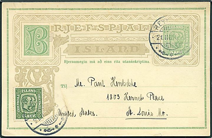 5 aur To Konger helsagsbrevkort opfrankeret med 5 aur To Konger fra Reykjavik d. 21.3.1916 til St. Louis, USA. Meddelelse skrevet på tysk, uden britisk censur.