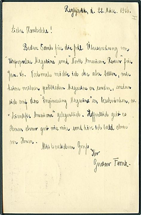 5 aur To Konger helsagsbrevkort opfrankeret med 5 aur To Konger fra Reykjavik d. 21.3.1916 til St. Louis, USA. Meddelelse skrevet på tysk, uden britisk censur.