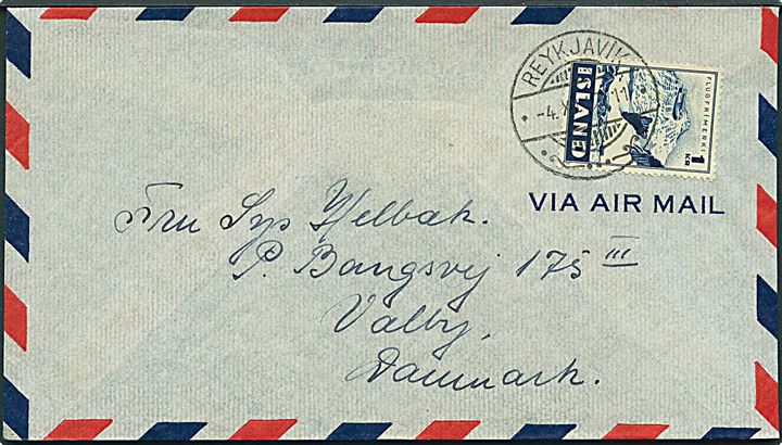1 kr. Luftpost single på luftpostbrev fra Reykjavik d. 4.12.1947 til Valby, København.