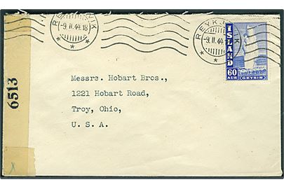 60 aur Geysir på brev fra Reykjavik d. 9.2.1944 til Troy, USA. Åbnet af amerikansk censur no. 6513.