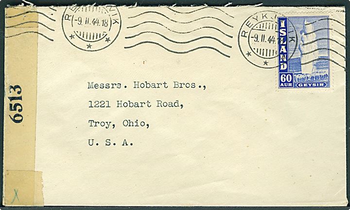 60 aur Geysir på brev fra Reykjavik d. 9.2.1944 til Troy, USA. Åbnet af amerikansk censur no. 6513.