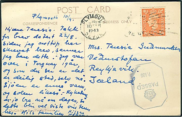 Engelsk 2d George VI på brevkort fra Plymouth d. 10.9.1943 til Reykjavik, Island. Violet censur (krone)/Passed/ P.135.