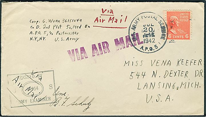6 cents Adams på luftpost brev stemplet U. S. Army Postal Service A.P.O. 5 (= Baldurshagi) d. 20.7.1942 til Lansing, USA. Fra soldat ved Co. D 2nd Plat. 5th Medical Bn. APO 5. Unit censor no. 00954.