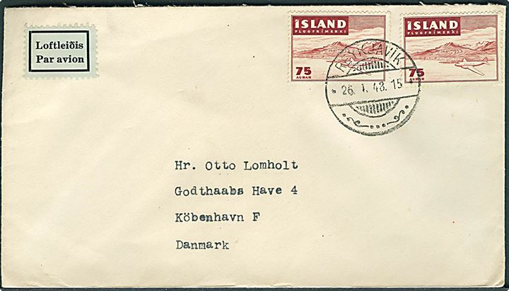 75 aur Luftpost (2) på luftpostbrev fra Reykjavik d. 26.1.1948 til København, Danmark.