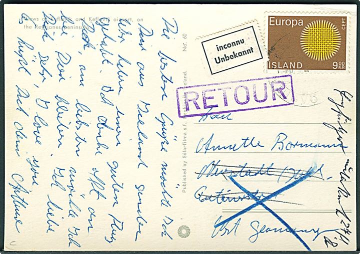 9 kr. Europa udg. på brevkort fra Keflavik 1970 til Nestadt, Tyskland. Retur som ubekendt.