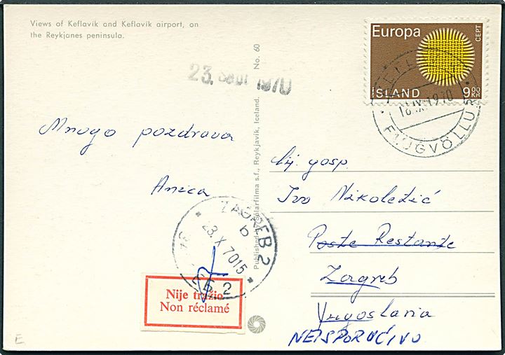 9 kr. Europa udg. på brevkort fra Keflavik d. 18.9.1970 til poste restante i Zagreb, Jugoslavien. Retur som ikke afhentet.