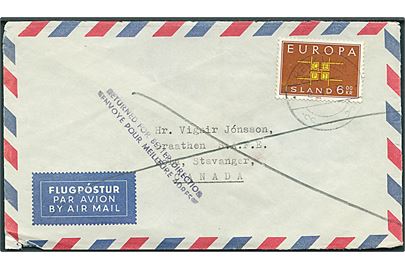 6 kr. Europa udg. på luftpostbrev fra Reykjavik d. 12.7.1965 til Sola pr. Stavanger - fejlagtigt angivet Canada. Retur fra Montreal som ubekendt.