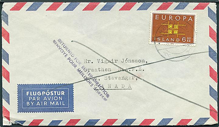 6 kr. Europa udg. på luftpostbrev fra Reykjavik d. 12.7.1965 til Sola pr. Stavanger - fejlagtigt angivet Canada. Retur fra Montreal som ubekendt.