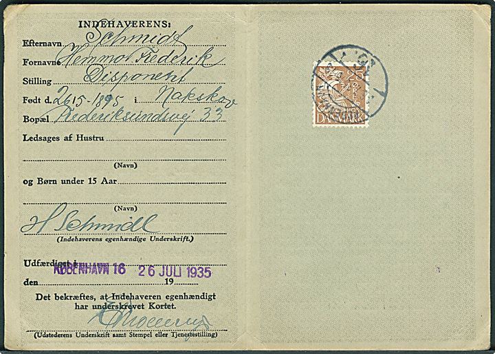 25 øre Karavel stemplet København d. 26.7.1935 på Nordisk Rejsekort.