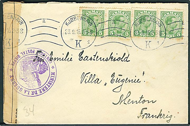 5 øre Chr. X (4) på brev fra Kjøbenhavn d. 23.9.1915 til Menton, Frankrig. Åbnet af fransk censur i Dieppe.