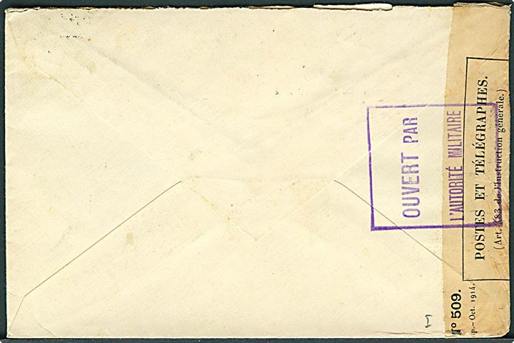 5 øre Chr. X (4) på brev fra Kjøbenhavn d. 23.9.1915 til Menton, Frankrig. Åbnet af fransk censur i Dieppe.