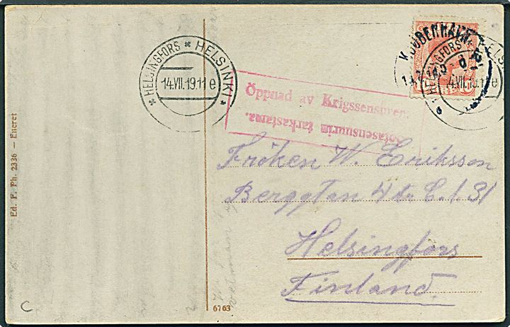 10 øre Chr. X på brevkort fra Kjøbenhavn 1919 til Helsingfors, Finland. 2-sproget finsk borgerkrigscensur. Del af meddelelse fjernet.