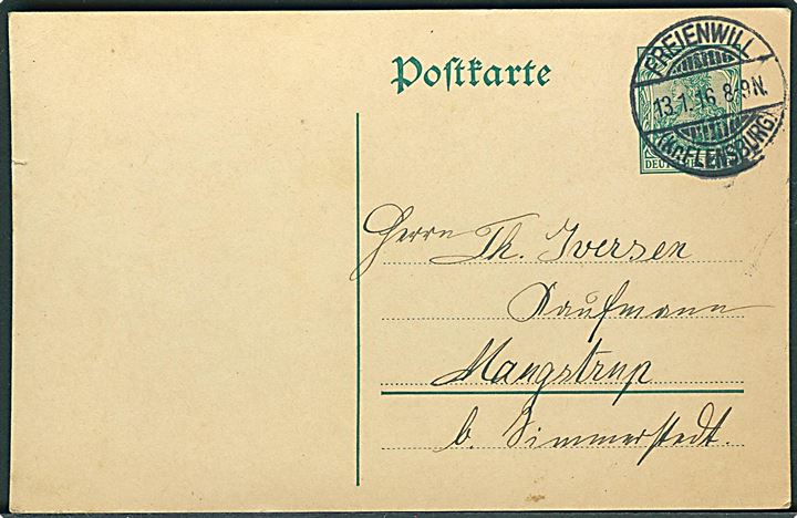 5 pfg. helsagsbrevkort stemplet Freienwill (Kr. Flensburg) d. 13.1.1916 til Mangstrup pr. Simmerstedt.
