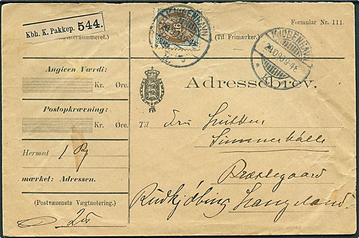 16 øre Tofarvet omv. rm. single på adressebrev for pakke fra Kjøbenhavn d. 29.10.1898 via Rudkjøbing til Simmebølle på Langeland.