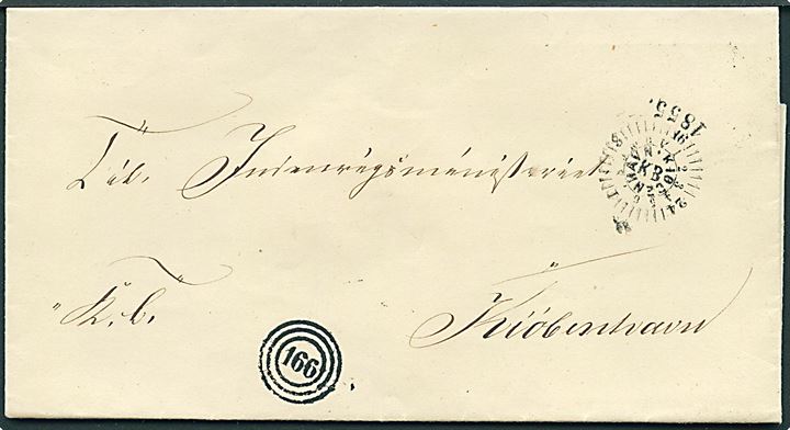 1855. Ufrankeret tjenestebrev med nr.stempel 166 (Humlebæk) sidetsemplet med kompasstempel i Kjøbenhavn KB d. 9.6.1855 til Indenrigsministeriet. 