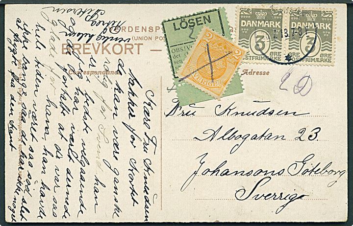 3 øre Bølgelinie i parstykke på brevkort annulleret med svagt stempel i Roskilde d. 26.7.1918 til Göteborg, Sverige. Grön Lösen etiket og 2 öre Tre Kroner anvendt som portomærke og annulleret med kryds.