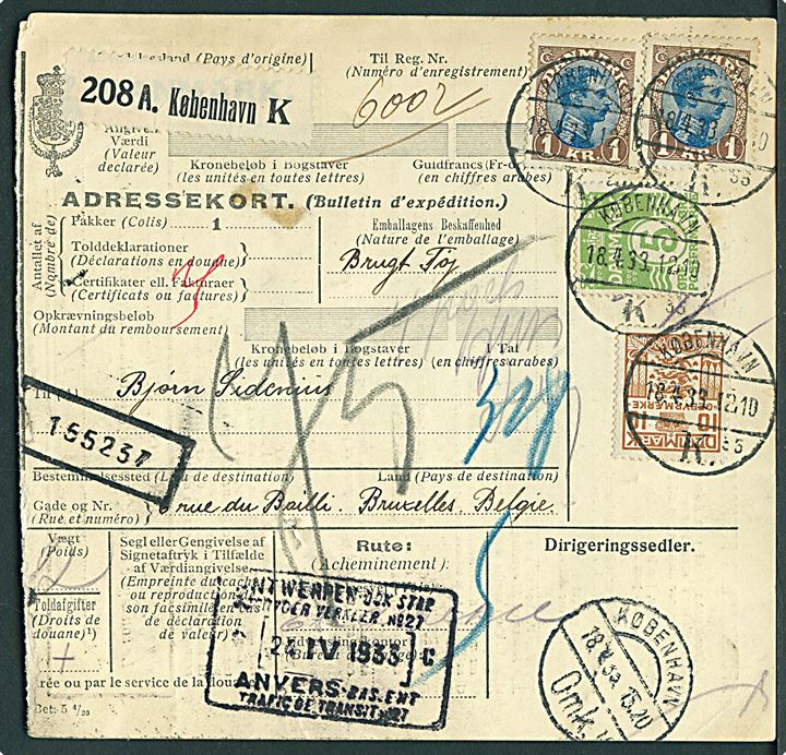 5 øre Bølgelinie, 1 kr. Chr. X (2) og 10 øre Gebyrmærke på internationalt adressekort for pakke fra København d. 18.4.1933 til Bruxelles, Belgien.