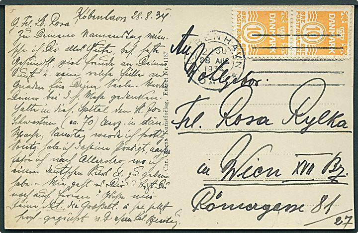 10 øre Bølgelinie i parstykke på brevkort (St. Joseph's Hospital, København) annulleret med forsøgs maskinstempel i København d. 28.8.1934 til Wien, Østrig.
