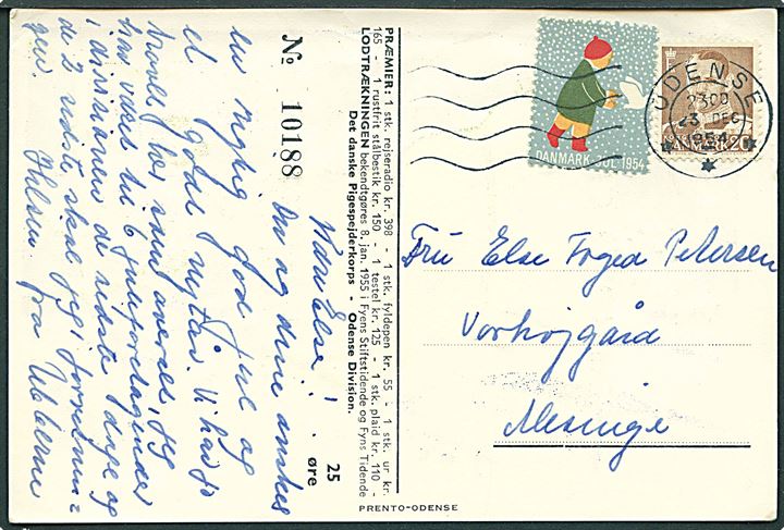 20 øre Fr. IX og Julemærke 1954 på Det danske Pigespejderkorps lotteri-brevkort (Blåmejserne tegnet af Tinggaard) fra Odense d. 23.12.1954 til Mesinge.