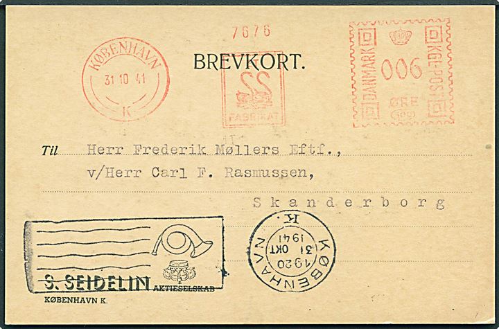 6 øre firmafranko på tryksags-kort fra firma S. Seidelin i København d. 31.10.1941 til Sønderborg. kronet/posthorn tryksagskontrol TMS fra København K. d. 31.10.1941.