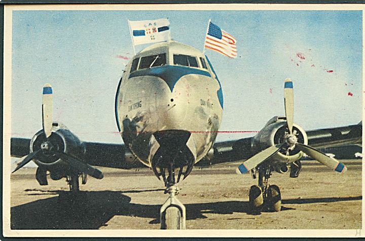 15 øre firmafranko med DDL-logo og Fw200 Condor på brevkort (SAS DC-4 Dan Viking OY-DFI i New York) fra København Lufthavn d. 4.10.1948 til Stockholm, Sverige. Brevkort skrevet ombord på flyver til København.