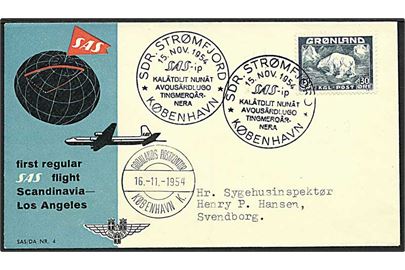 30 øre blå isbjørn på luftpost brev fra Sdr. Strømfjord d. 15.11.1954 til Svendborg.