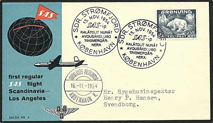 30 øre blå isbjørn på luftpost brev fra Sdr. Strømfjord d. 15.11.1954 til Svendborg.