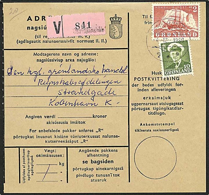 10 øre grøn Fr. IX og 2 kr. rød Gustav Holm på adressekort fra Christianshåb d. 1.12.1960 til København.