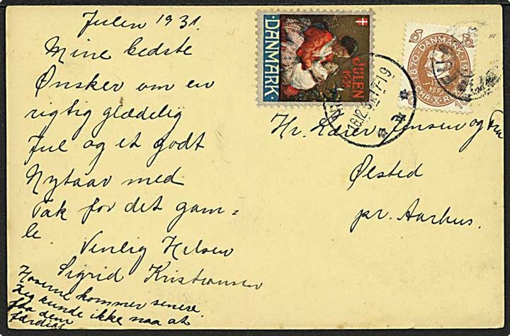 10 øre Chr. X 60 år og Julemærke 1931 på brevkort (Fulgafjördur) annulleret med svagt udslebet stjernestempel FUGLEFJORD og sidestemplet Thorshavn d. 16.12.1931 til Ølsted, Danmark.